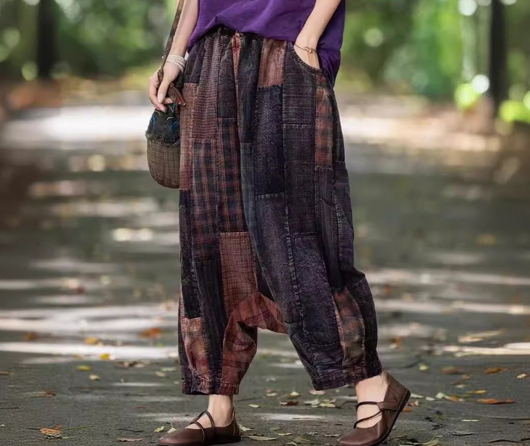 Women Loose Patchwork Distressed Drop- Crotch Pants