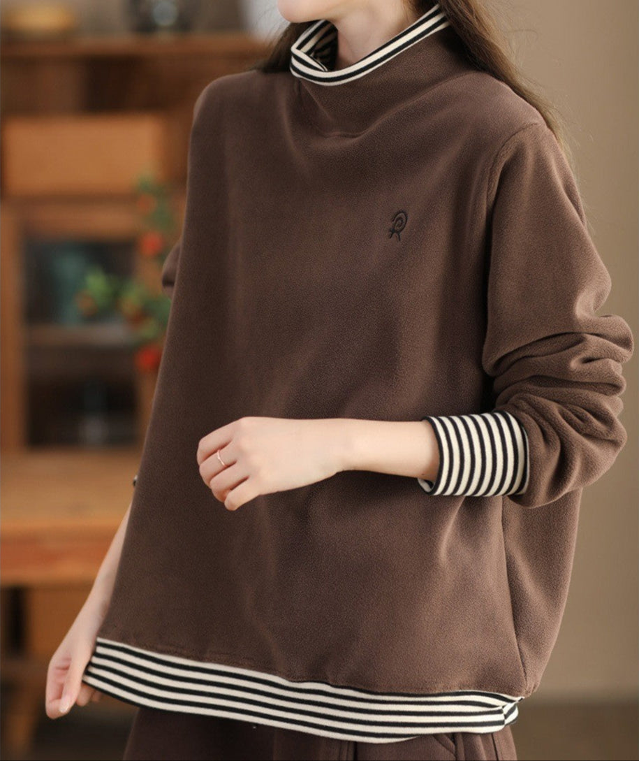 Women Stylish Casual Striped Spliced Fake Two-Piece Pullover