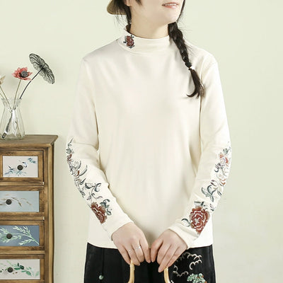 Women Autumn Retro Embroidered Floral Cotton Long Sleeve T-Shirt