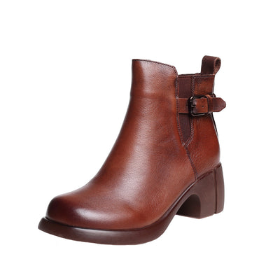 Ladies Retro Minimalist Block Heel Buckle Leather Short Boots