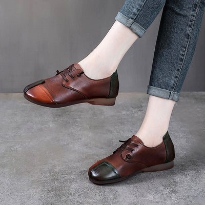 Color Block Low Heel Leather Casual Shoes