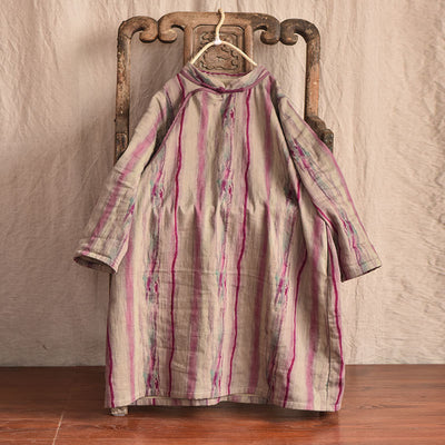 Vintage Asymmetric Front Striped Cotton Linen Dress for Women