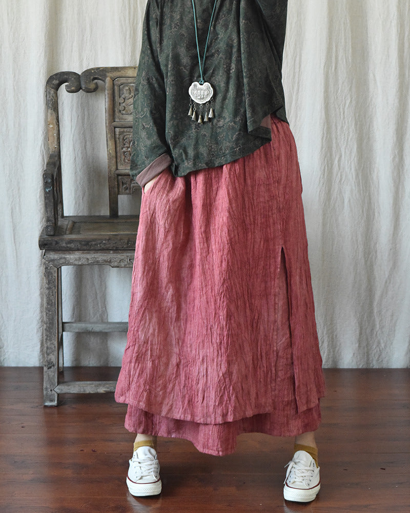 Double Layered Textured Distressed Linen Casual Skirts