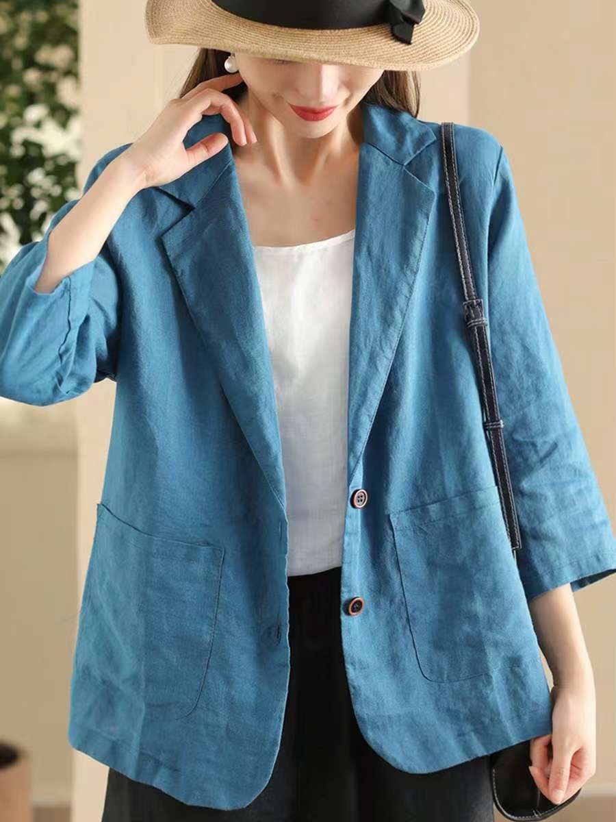 Women Lapel Solid Color Ramie Blazers