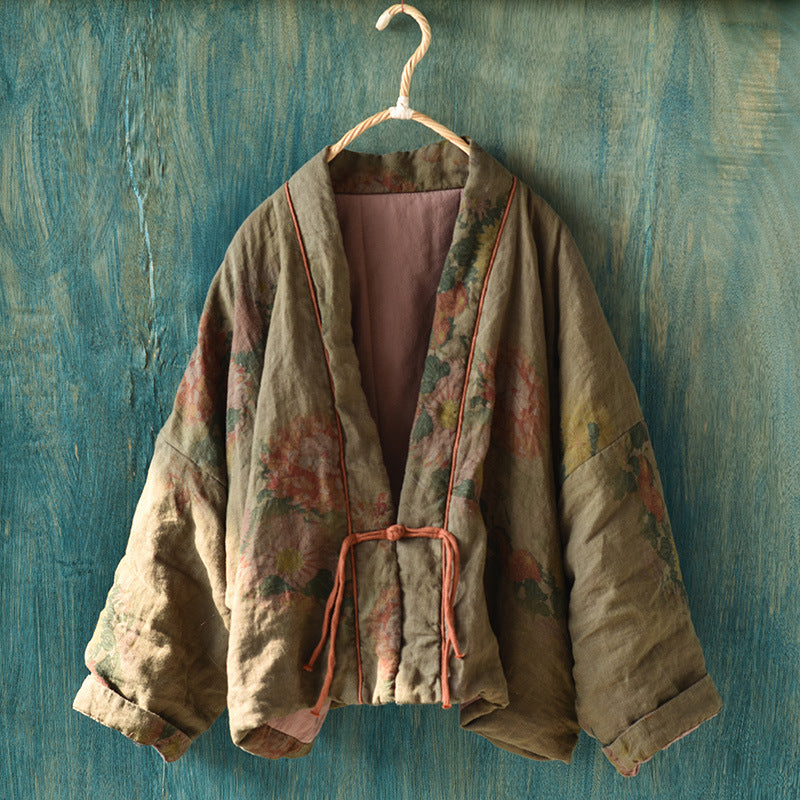 Retro Distressed Washed Printed Cotton Linen Short Down Coat