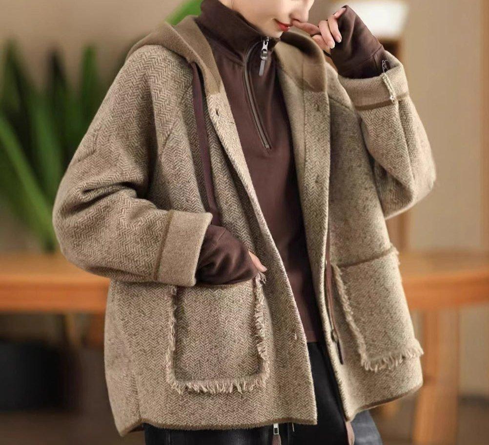 Women Vintage Loose Warm Frayed Hooded Woolen Coat