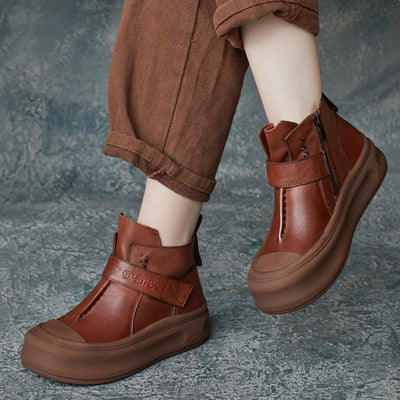 Women Fashion Handmade Leather Velcro Platform Ankle Boots