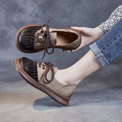 Women Retro Color Block Ruffled Casual Leather Shoes