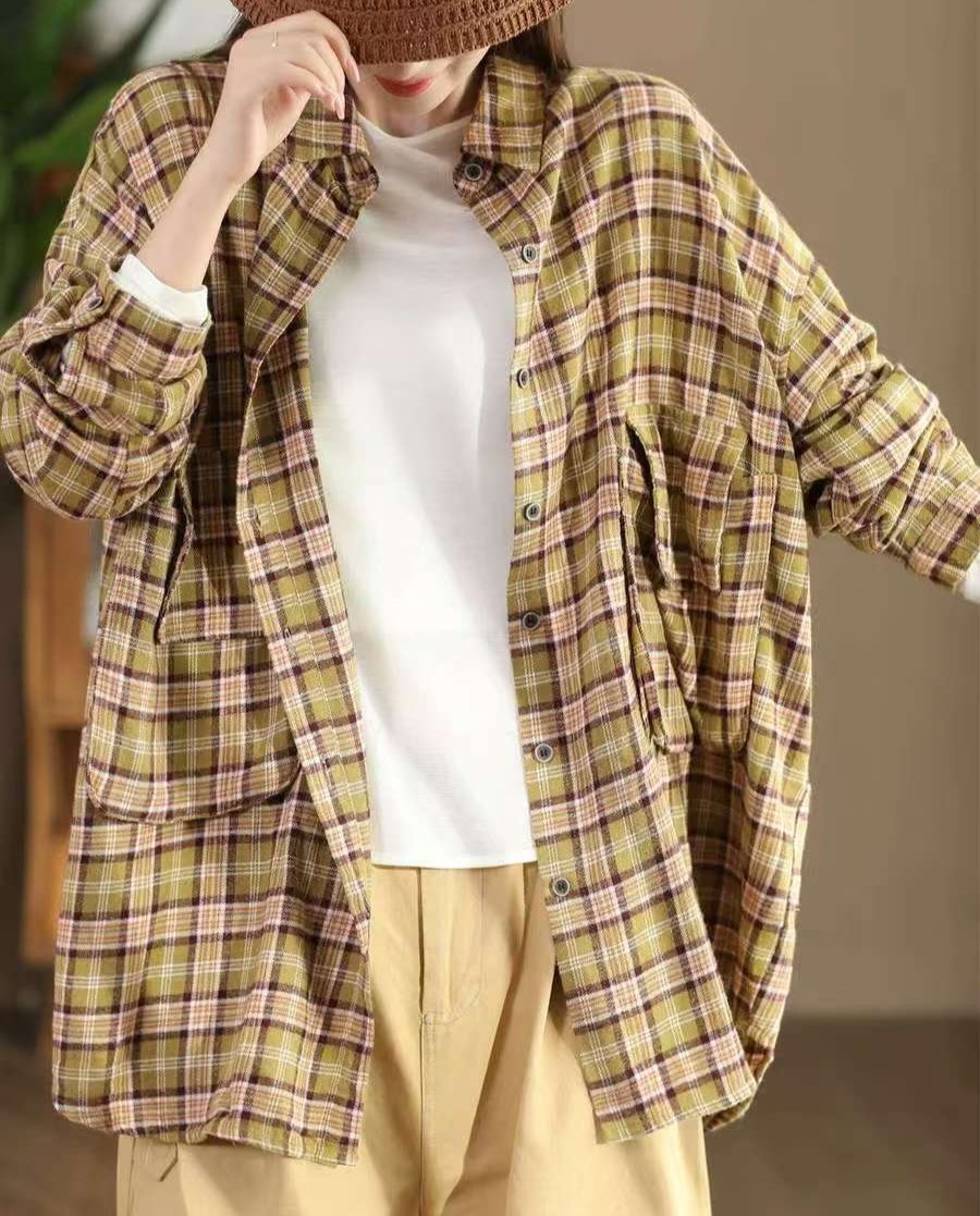 Women Loose Retro Plaid Brushed Cotton Shirts