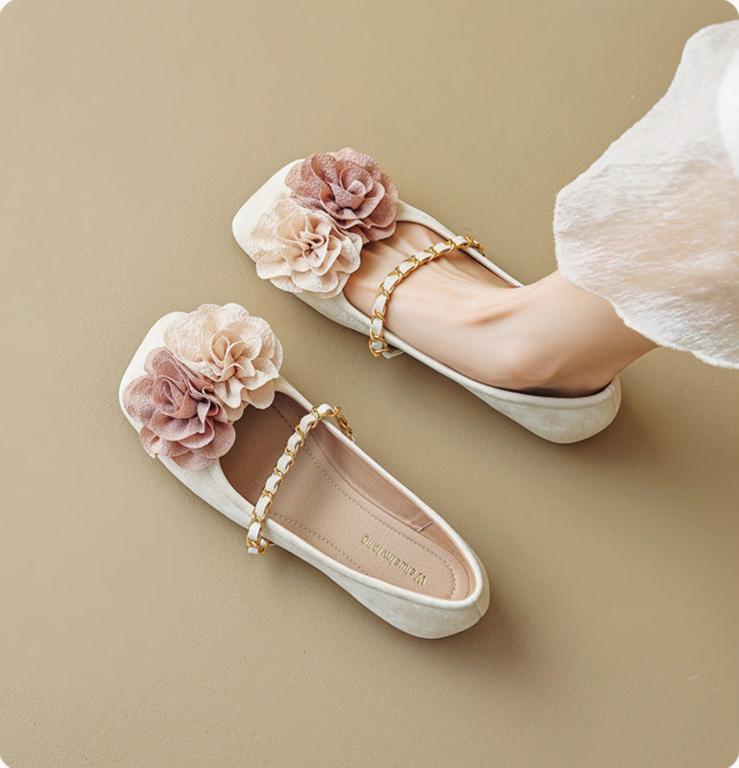 Elegant Floral Square Toe Instep Strap Slip- Ons