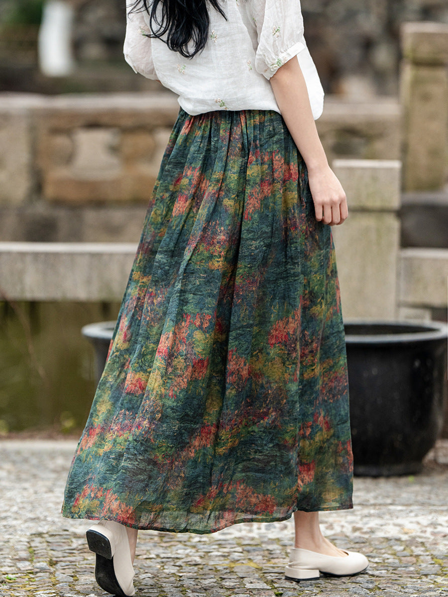 Casual Printed Elastic Waist A- Line Midi Skirts