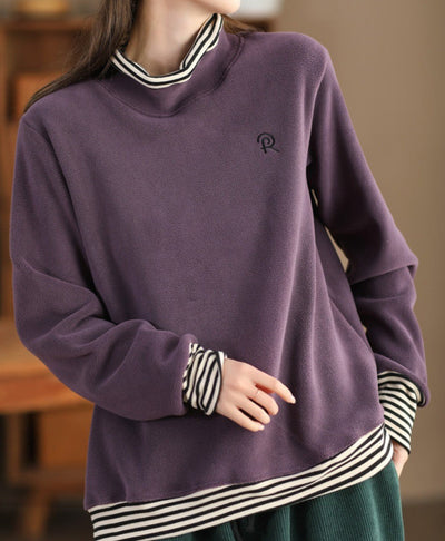 Women Stylish Casual Striped Spliced Fake Two-Piece Pullover