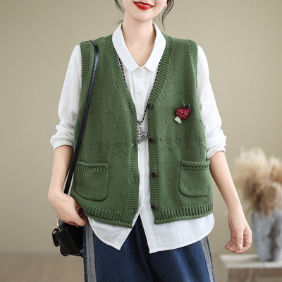 Autumn V-neck Pockets Cotton Knitted Vests