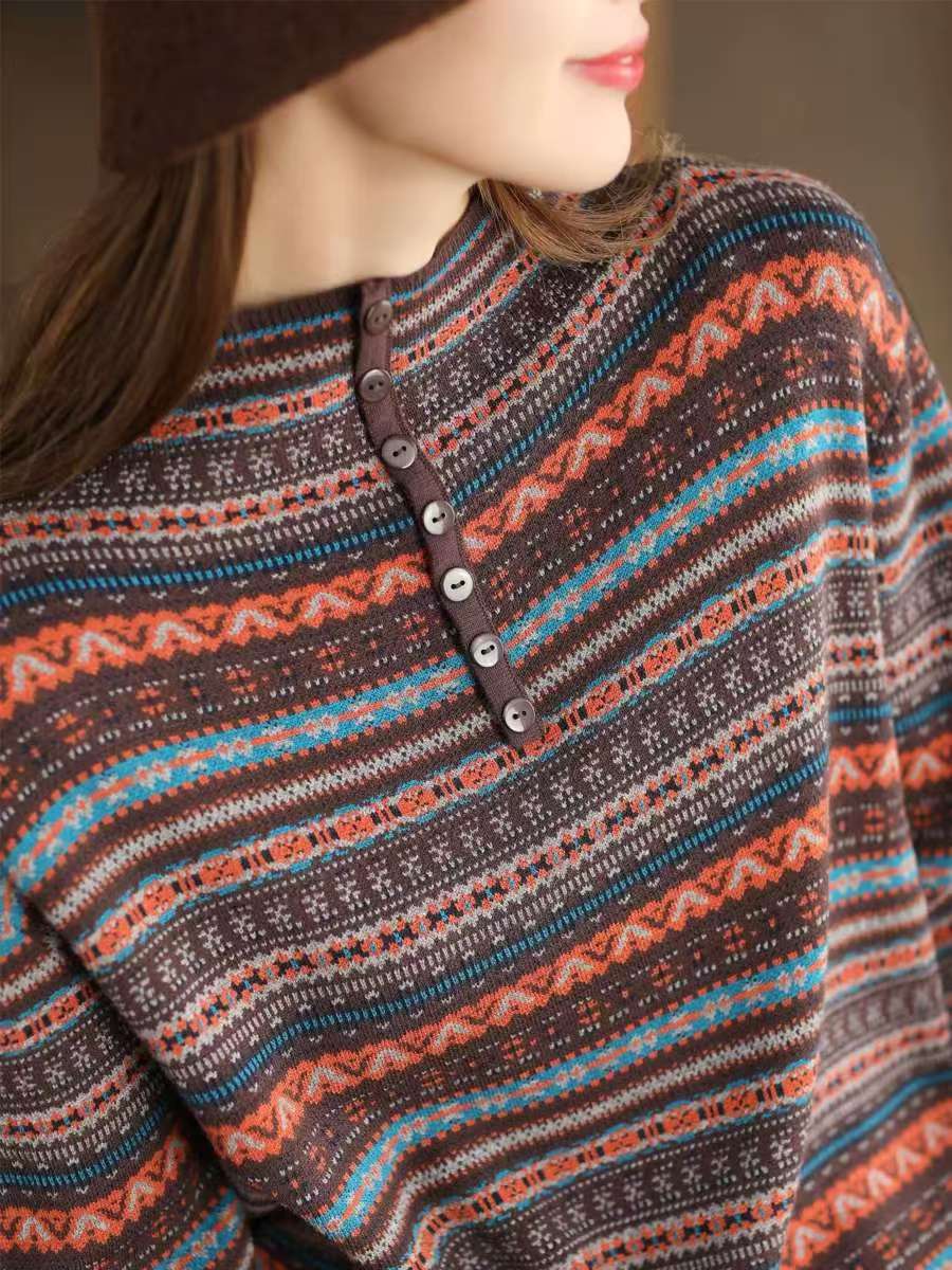 Women Fashion Jacquard Wool Blend Mock Neck Casual Sweater