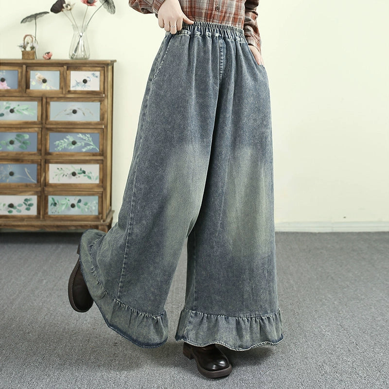 Women Spring Retro Denim Ruffled Wide-Leg Pants