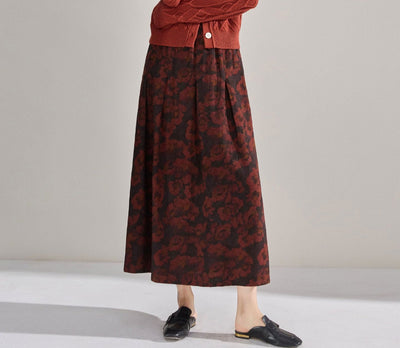 Vintage Elastic Waist Printed A- Line Midi Skirts