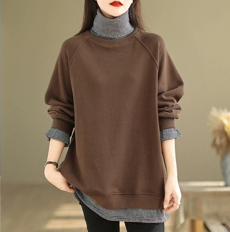 Women Loose Casual Fake Two-Piece Striped Turtleneck Pullover