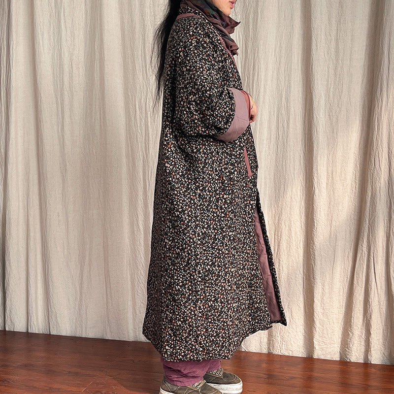 Women Retro Loose Floral Printed Mid-Length Cotton Linen Coat