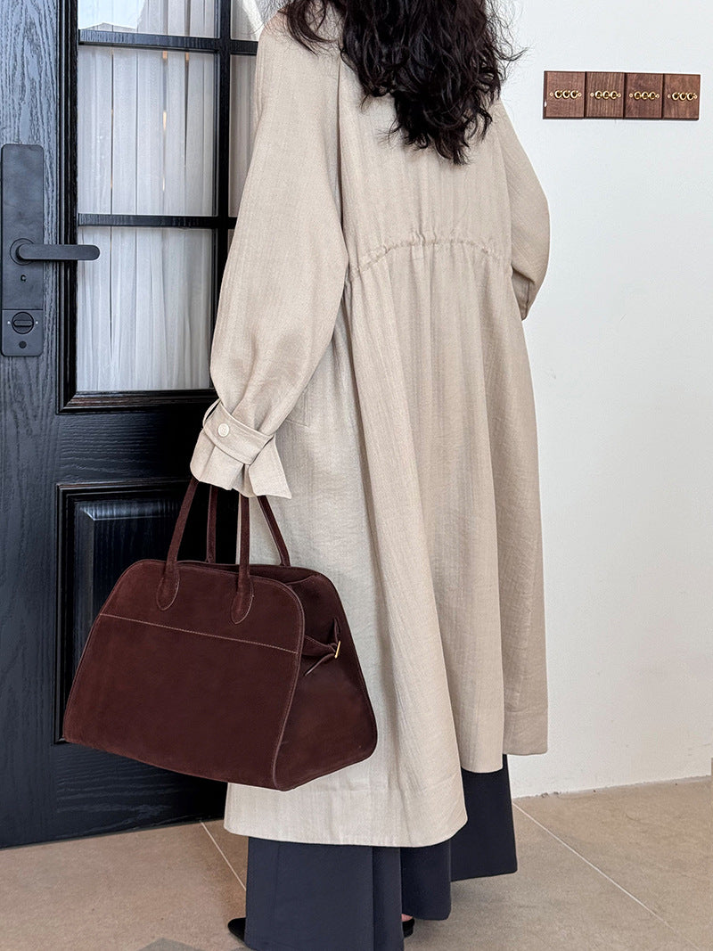 Women Elegant Drawstring Linen Trench Coat