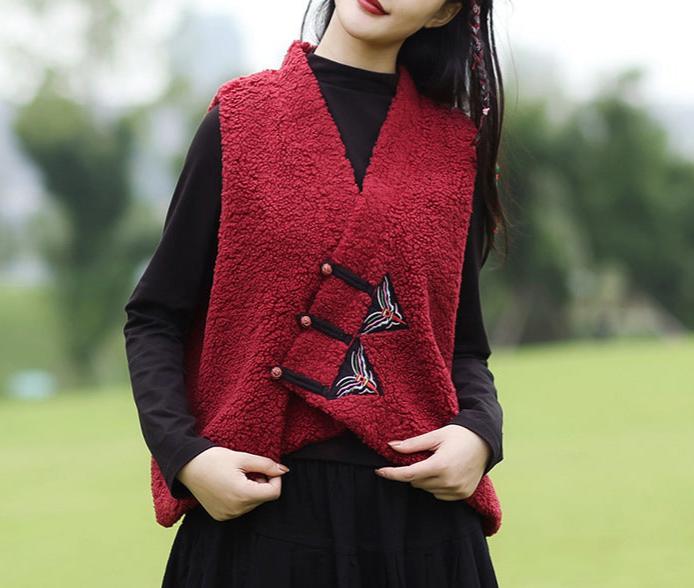 Women Embroidered Button- Up Warmth Sherpa Vests