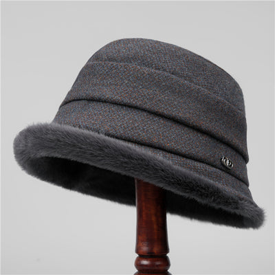 Autumn Winter Vintage Wool-Blend Bucket Hat with Fur Trim