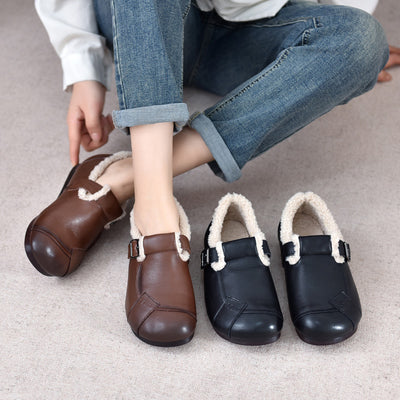 Women Buckle Fleece Lining Genuine Leather Flats