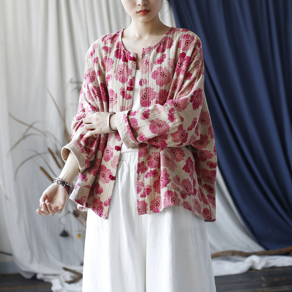 Loose Floral Printed Cotton Coats for Women