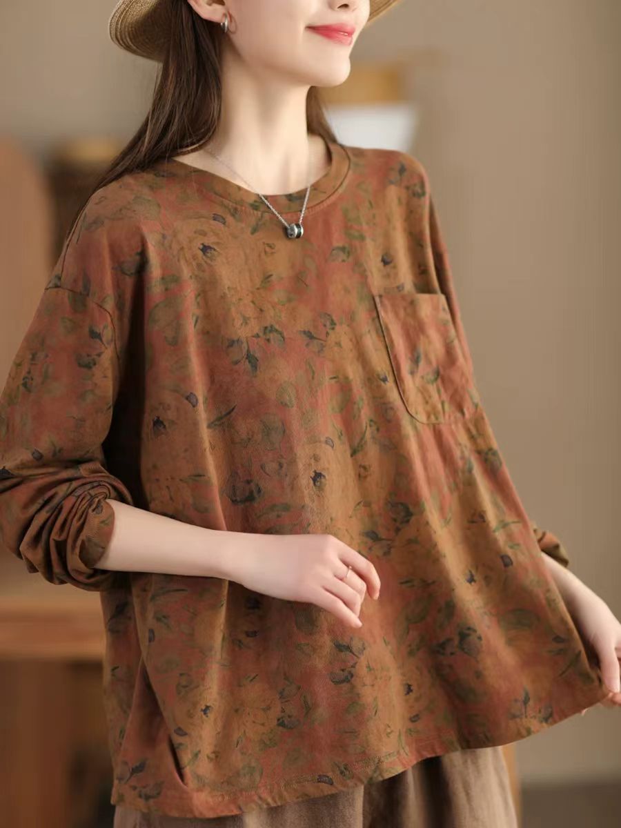 Women Loose Cotton Printed Long Sleeves Blouses