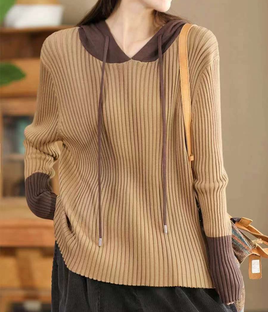 Women Trendy Color Block Ribbed Knit Hoodie Sweater