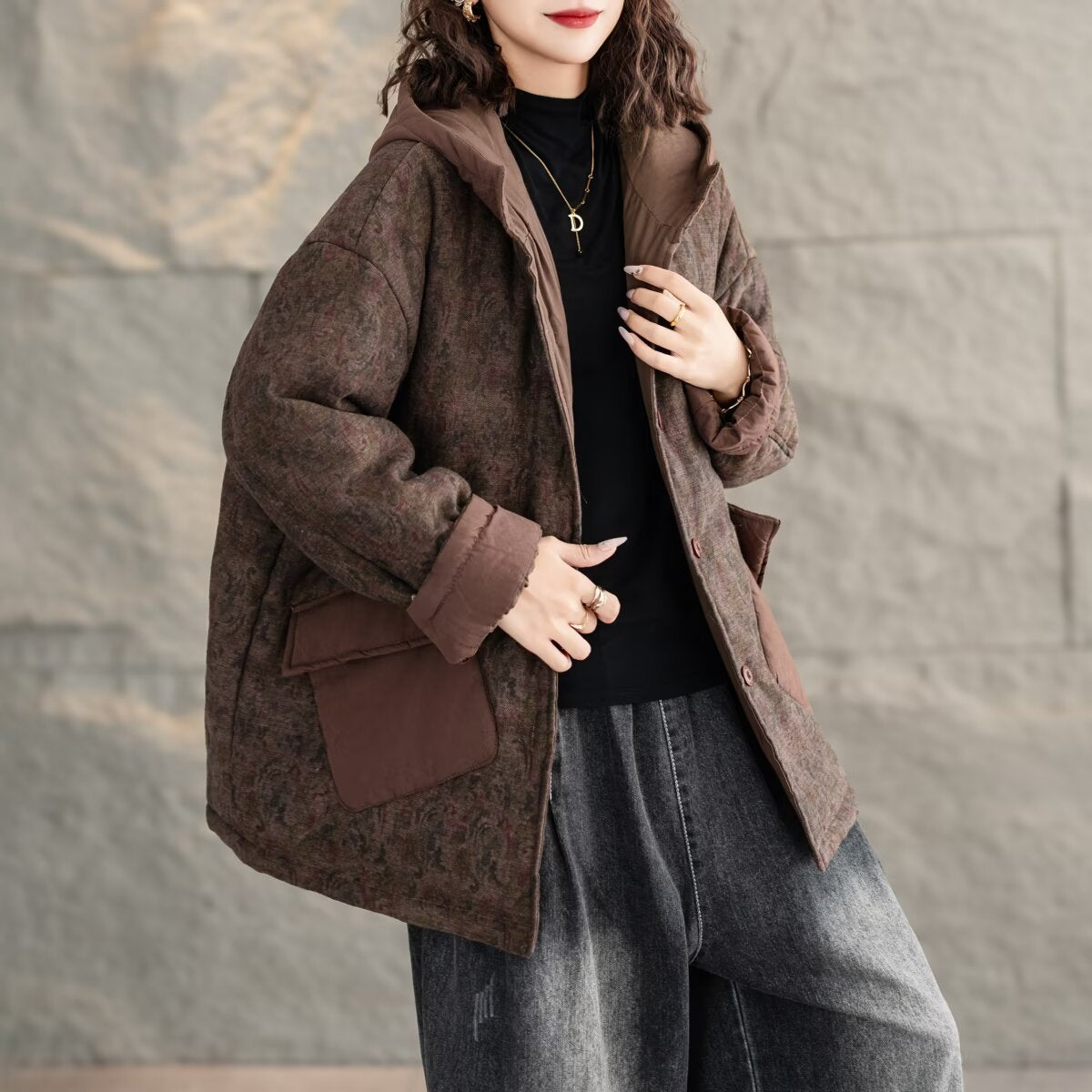 Women Trendy Vintage Printed Warm Padded Hooded Coats