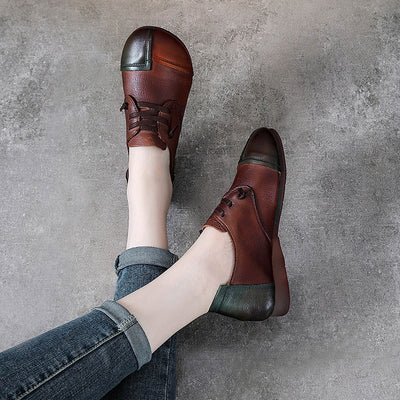 Color Block Low Heel Leather Casual Shoes