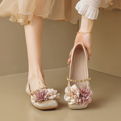 Elegant Floral Square Toe Instep Strap Slip- Ons