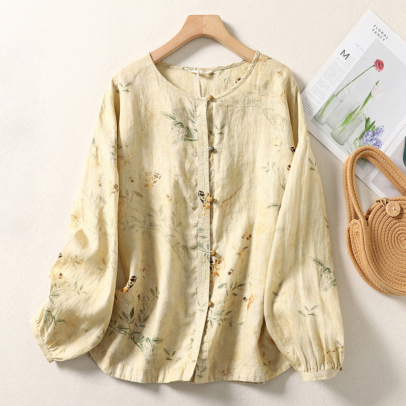 Women Floral Printed Retro Apricot Cotton Linen Shirts