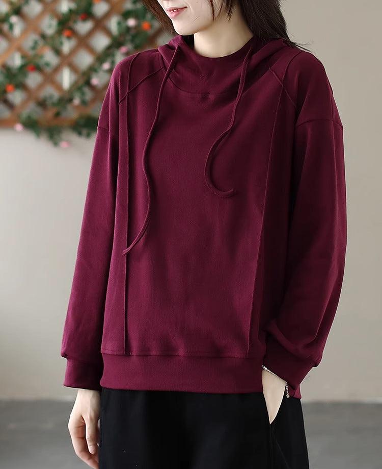 Women Solid Color Hooded Pullover Loose Sweatshirt