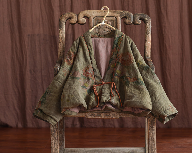 Retro Distressed Washed Printed Cotton Linen Short Down Coat