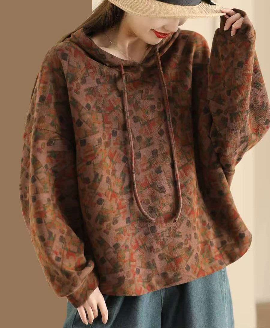 Women Retro Printed Knitted Loose Cotton Hoodies