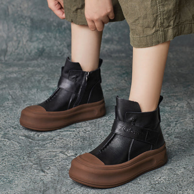 Women Fashion Handmade Leather Velcro Platform Ankle Boots