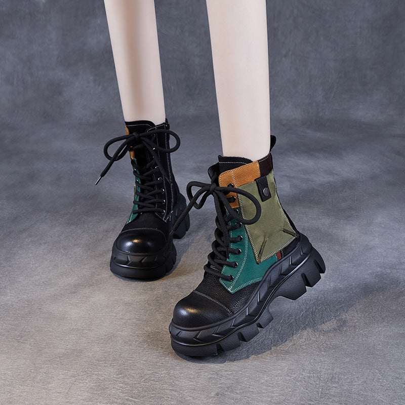 Women Ethnic Style Color Block Retro Leather Boots