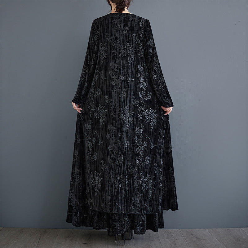 Women Elegant Vintage Jacquard Velvet Mid- Length Coat