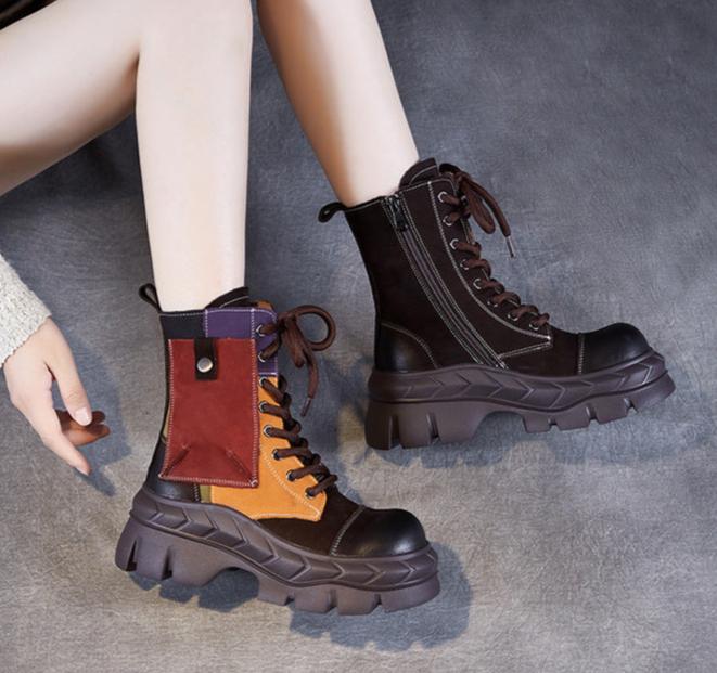 Women Ethnic Style Color Block Retro Leather Boots