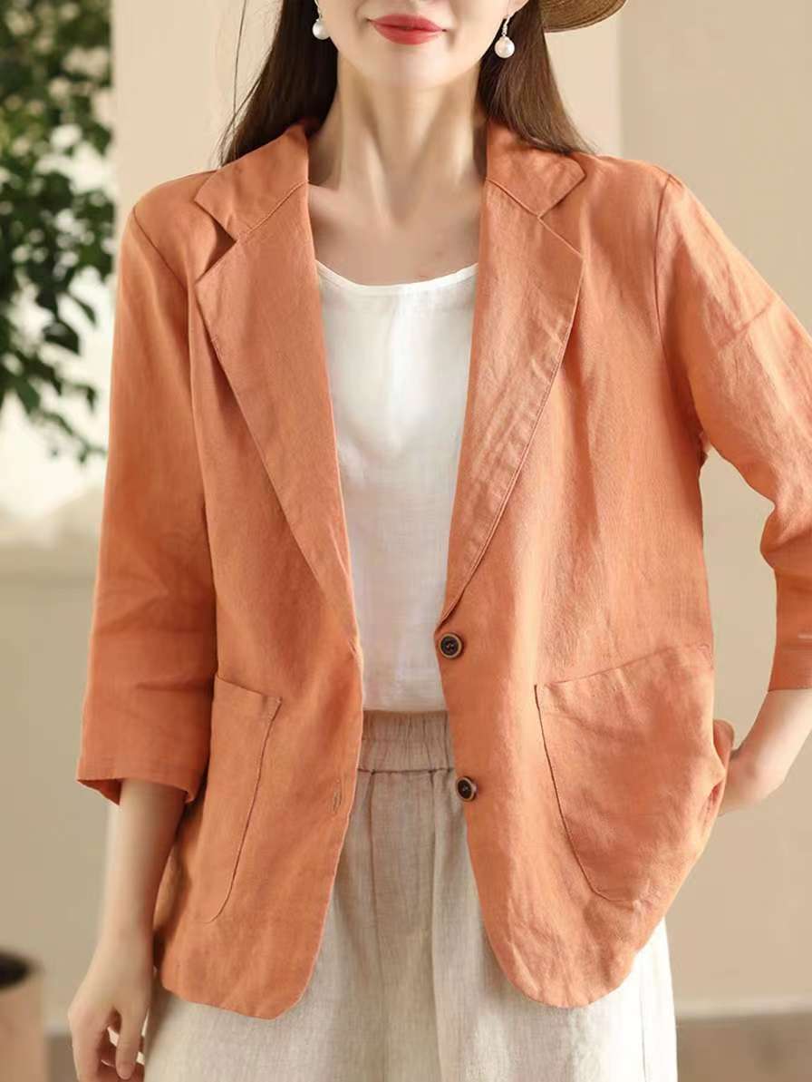 Women Lapel Solid Color Ramie Blazers