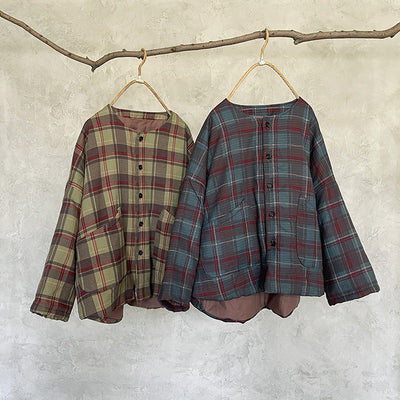 Women Retro Plaid Thickened Padded Short Cotton Jacket