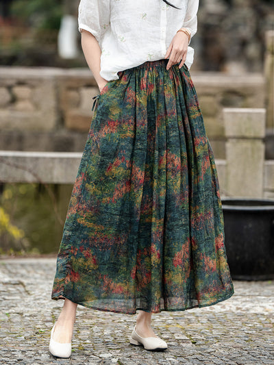 Casual Printed Elastic Waist A- Line Midi Skirts