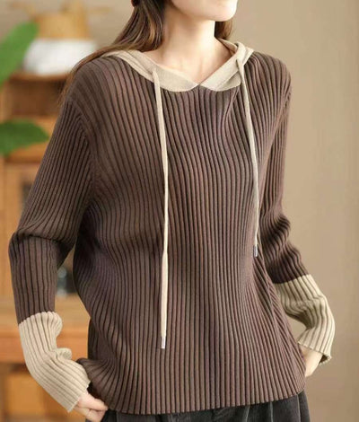 Women Trendy Color Block Ribbed Knit Hoodie Sweater