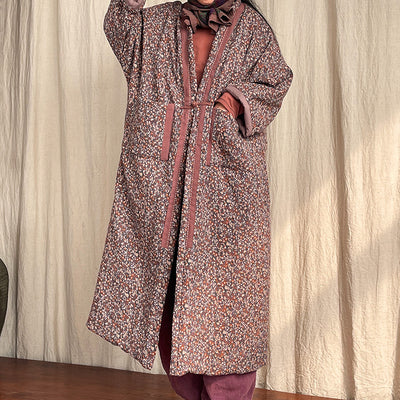 Women Retro Loose Floral Printed Mid-Length Cotton Linen Coat