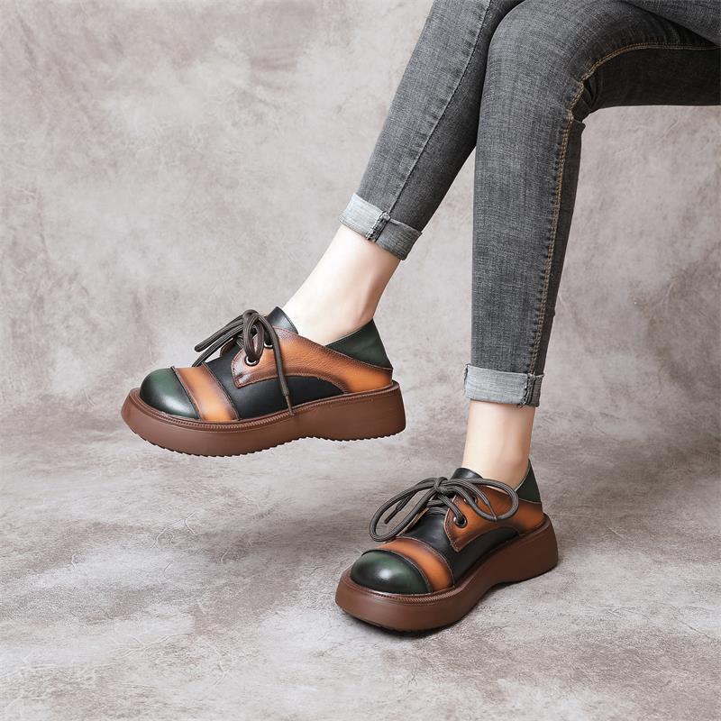 Retro Color Block Platform Casual Leather Shoes