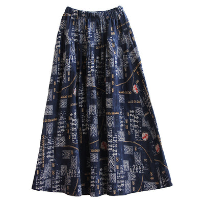 Vintage Ethnic Style Printed Ruffled Linen Midi Skirts