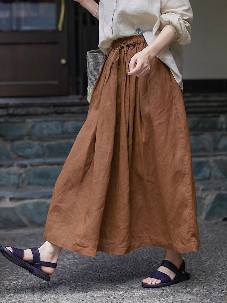 Casual Elastic Waist Brown Linen Midi Skirts