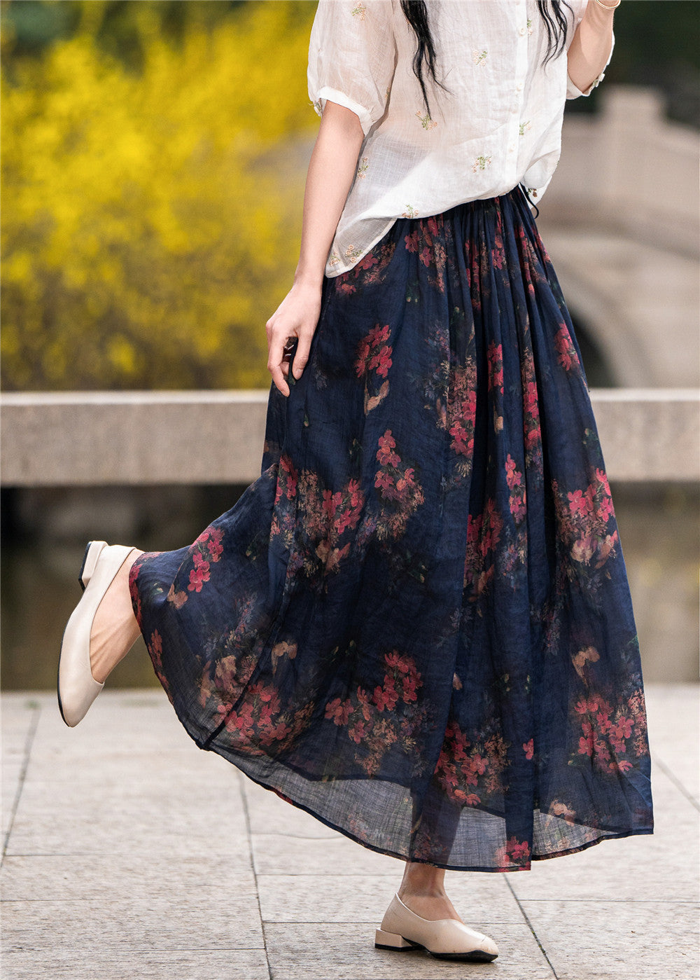 Casual Printed Elastic Waist A- Line Midi Skirts