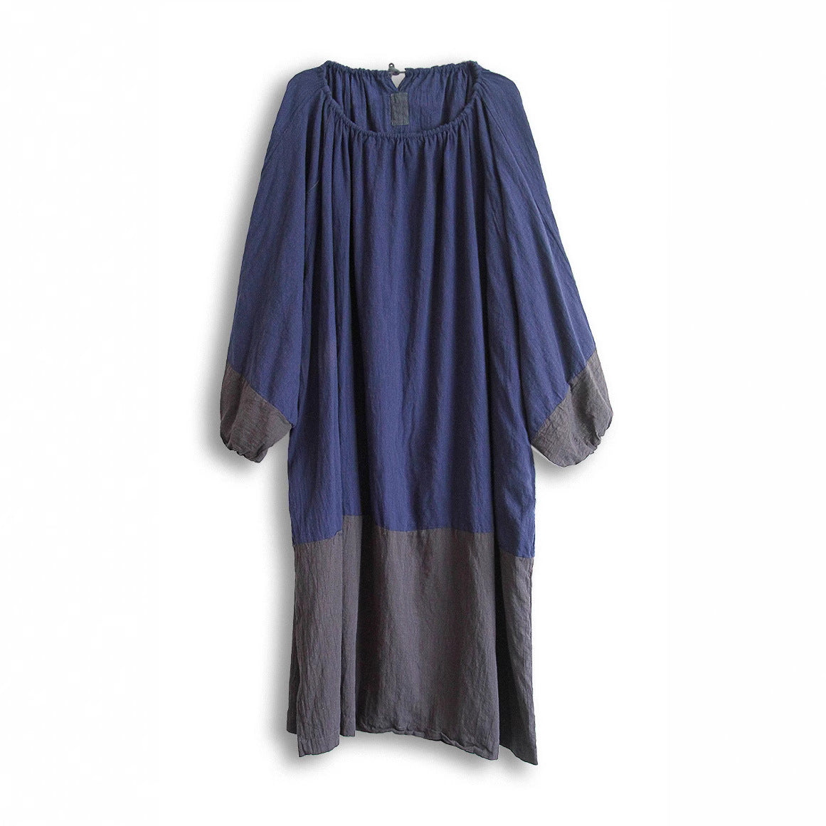 Casual Puff Sleeves Drawstring Color Block Cotton Linen Dresses